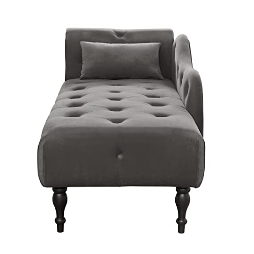 60" Modern Velvet Chaise Lounge Indoor, Upholstered Chair with Left Armrest and Lumbar Pillow, Button Tufted Lounge Sofa for Living Room Bedroom Office, Mini Chaise Longue Sofa (Grey) - color: Grey