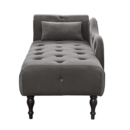 60" Modern Velvet Chaise Lounge Indoor, Upholstered Chair with Left Armrest and Lumbar Pillow, Button Tufted Lounge Sofa for Living Room Bedroom Office, Mini Chaise Longue Sofa (Grey) - color: Grey