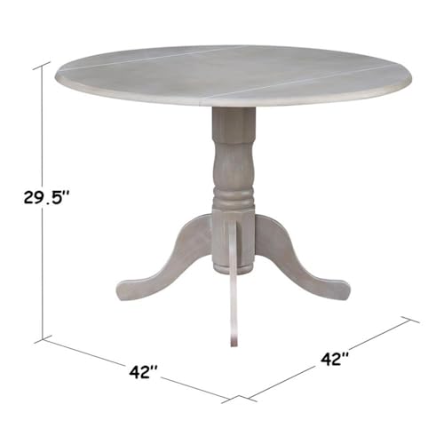 IC International Concepts, 42" Round Dual Drop Leaf Pedestal Dining Table, Solid Real Wood, Sturdy Parawood, Dimensions 42"D x 42"W x 29.5"H, 20mm thickness, 40lbs Weight Capacity, Washed Gray Taupe - color: Washed Gray Taupe