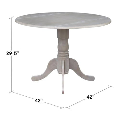 IC International Concepts, 42" Round Dual Drop Leaf Pedestal Dining Table, Solid Real Wood, Sturdy Parawood, Dimensions 42"D x 42"W x 29.5"H, 20mm thickness, 40lbs Weight Capacity, Washed Gray Taupe - color: Washed Gray Taupe