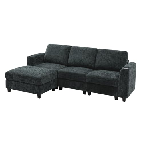 87" Chenille 3 Seater Couch with Soft Ottoman, Grey | L-Shape Sectional Sofa with Durable Cup Holders, Upholstered Sofa with Comfy Backrests for Living Room, House - color: Grey, size: 87" L-Shape