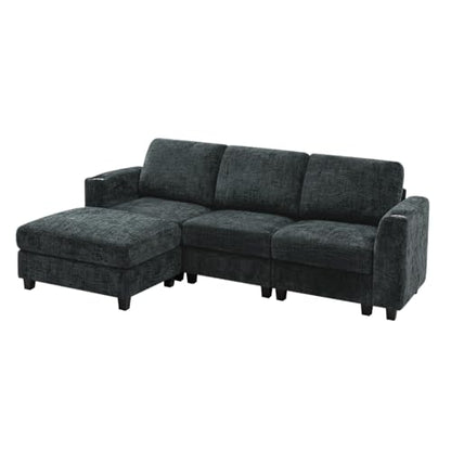 87" Chenille 3 Seater Couch with Soft Ottoman, Grey | L-Shape Sectional Sofa with Durable Cup Holders, Upholstered Sofa with Comfy Backrests for Living Room, House - color: Grey, size: 87" L-Shape