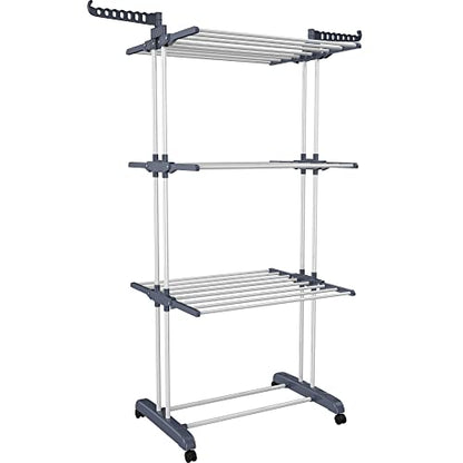 HOMIDEC Clothes Drying Rack, 4-Tier(67.7" H) Foldable Drying Rack Clothing | Foldable Stainless Steel Drying Rack, Movable Laundry Drying Rack with 4 Castors and 14 Hooks for Bed Linen, Clothing, Grey - color: Gray