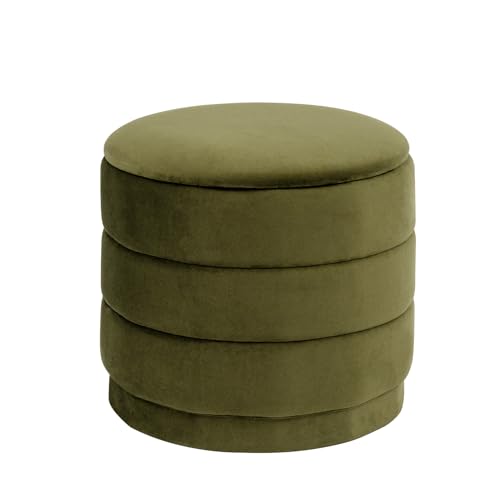 15.4" Round Velvet Storage Ottoman with Reversible Lid, Upholstered Circular Ottoman Footrest with Hidden Storage, Foldable Padded Footstool for Dorm Living Room & Bedroom, Olive Green - color: Olive, size: 15"D x 15"W x 15"H