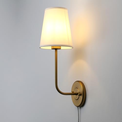 Set of 2 Plug in Wall Sconces, Rustic Wall Lighting Fixtures with On/Off Switch and Pure White Fabric Lampshade, Antique Brass Wall Lamps for Living Room Bedroom - size: 2-pack
