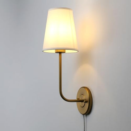 Set of 2 Plug in Wall Sconces, Rustic Wall Lighting Fixtures with On/Off Switch and Pure White Fabric Lampshade, Antique Brass Wall Lamps for Living Room Bedroom - size: 2-pack