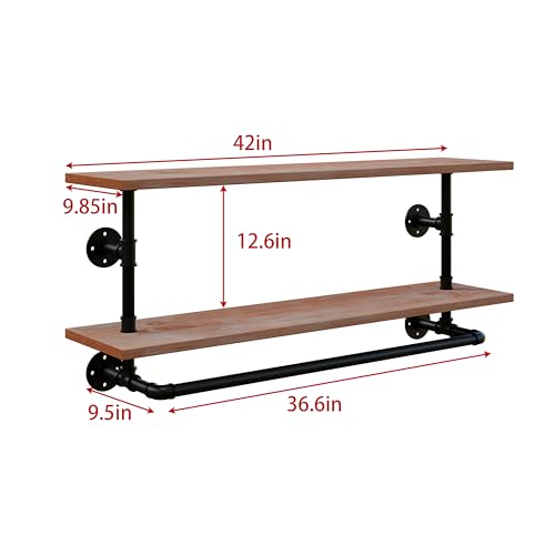 Clothes Rack 42in, 2 Tier Wall Mounted Garment Rack with Real Wood Shelf, Heavy Duty Hanging Clothes Rack, Multi-Purpose Hanging Rod, Space-Saving Closet Storage - color: Brown, size: 2T42IN