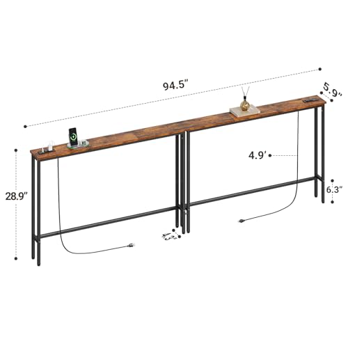 ELYKEN 94.5" Narrow Console Table with Outlet, Sofa Table Behind Couch | Extra Long Skinny Entryway Tables with Charging Station for Living Room, Hallway, 5.9 x 94.5 x 29.5in, Rustic Brown - color: Rustic Brown, size: 5.9"DX94.5"WX29.5"H