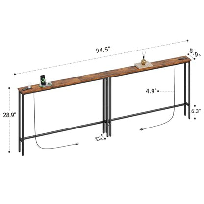 ELYKEN 94.5" Narrow Console Table with Outlet, Sofa Table Behind Couch | Extra Long Skinny Entryway Tables with Charging Station for Living Room, Hallway, 5.9 x 94.5 x 29.5in, Rustic Brown - color: Rustic Brown, size: 5.9"DX94.5"WX29.5"H