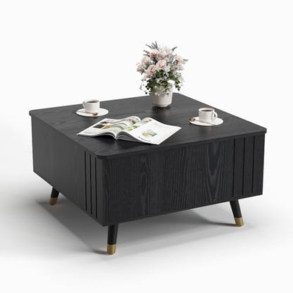 JOINICE Black Lift Top Coffee Table with Storage for Living Room,Square | 32" Multi-functional Pop Up Center Table,Large Hidden Compartments with Solid Wood Legs,Lift to 23",Hold 100lbs,Easy Assembly - color: Black_square