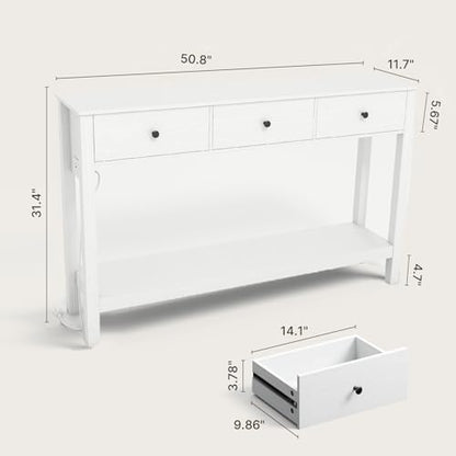Gizoon Console Table with Outlets, | Modern Accent Sofa Table with 3 Drawers, Open Shelf for Living Room, Front Hall, Entrance Hall, Study Room, White - color: White, size: 51"W with Outlets
