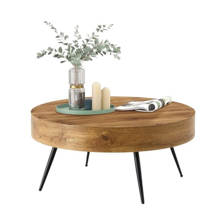 Round Coffee Table, Mid Century Small Coffee Table with Metal Legs, Wood Coffee Table Accent Center Table for Living Room Apartment Small Space (31.5''D-Brown) - color: Brown