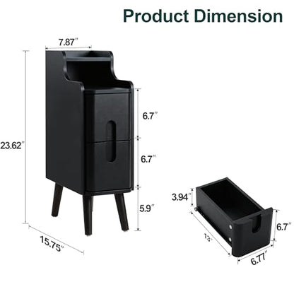 FurSch Narrow Nightstand Set of 2, Wooden Small 2 Drawer, Black | Slim Side End Table, Skinny Bedside Table, Mid Century Modern, 3-1 pc - color: Black 3-1 Pc