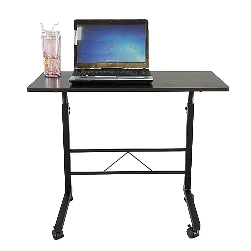 Sofa Side Table C Shaped End Table with Wheels, Black Rolling Bedside Laptop Table Snack Table TV Tray, Height Adjustable, Wooden Top & Metal Frame - color: Black, 31.5"-style 2