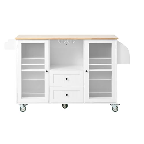 Kitchen Island Cart with Drop Leaf 13 Storage Areas 5 Lockable Wheels Solid Wood White Modern Kitchen Island Table Cart Rolling for Small (White)