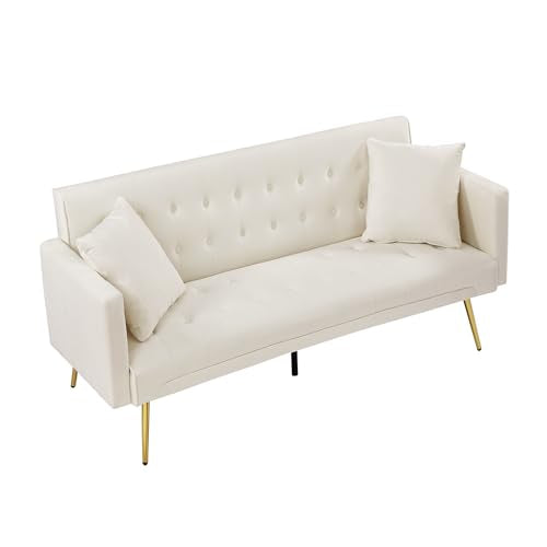 Anwick 72''Modern Velvet Sofa Bed Futon,Convertible Folding Sleeper Couches with 3 Adjustable Backrests,Tufted Recliner Loveseat with Golden Chrome Legs for Living Room Apartment Office (Beige-new) - color: Beige-new
