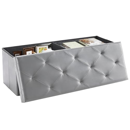 DUMOS 43 Inch Folding Storage Ottoman Bench, Large Ottoman with Storage | Storage Chest with Padded Seat, End of Bed Foot Rest Stool for Bedroom Living Room, Load 660 lbs, Synthetic Leather, Grey - color: Smooth Grey, size: 15"D x 43"W x 15"H