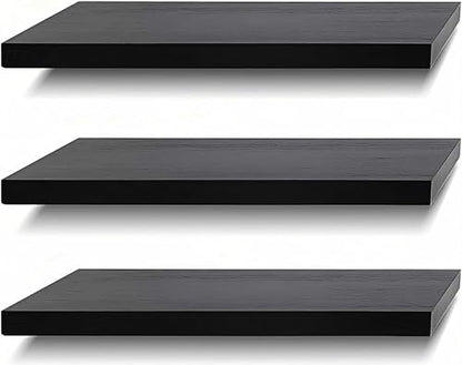 SAUMONIERES Floating Shelves Wall Shelf Solid Wood for Bathroom Bedroom Kitchen Set of 3, Black Wall Shelves - color: Black, size: 16 Inch-3 shelves