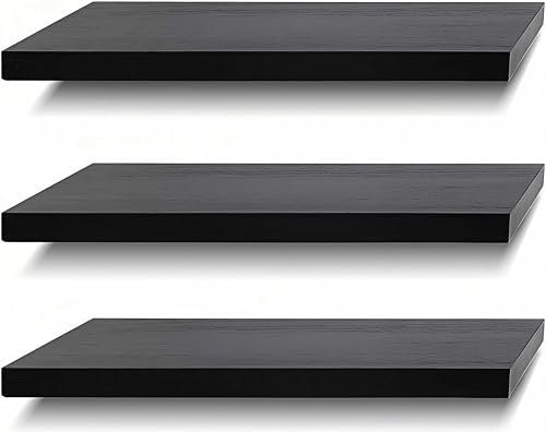 SAUMONIERES Floating Shelves Wall Shelf Solid Wood for Bathroom Bedroom Kitchen Set of 3, Black Wall Shelves - color: Black, size: 16 Inch-3 shelves