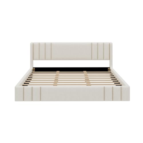 VilroCaz King Size Linen Upholstered Platform Bed Frame with Thick Fabric Headboard, No Box Spring Needed (Beige-6.17, King) - color: Beige-6.17, size: King