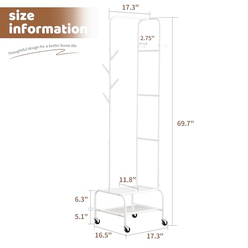Heavy Duty Clothing Rack with Wheels, Garment Rack, Freestanding Coat Rack with 6 Hooks for Entryway, Bedroom Metal Clothes Hanger Stand for Hats, Jackets, Bags,Shoes (White, Double-layer) - color: White, size: Double-layer
