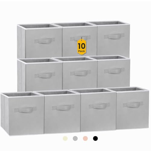 Storage Cubes, 11 Inch Cube Storage Bins for Shelves (10 Pack), Fabric Collapsible Storage Bins with Dual Handles, Foldable Cube Baskets for Magazines, Closet Organizers and Storage Box (Grey) - color: Grey, size: 10 Pack - 11 inches
