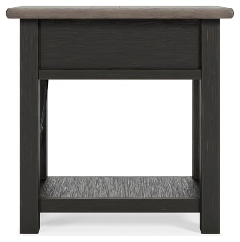 Signature Design by Ashley Narrow Chairside End Table with Charging Station | Smooth-gliding remote drawer, Lower display shelf, Rustic 2-tone finish, Tyler Creek Series - color: Black