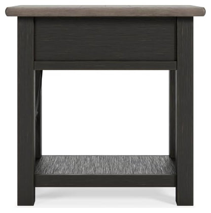 Signature Design by Ashley Narrow Chairside End Table with Charging Station | Smooth-gliding remote drawer, Lower display shelf, Rustic 2-tone finish, Tyler Creek Series - color: Black