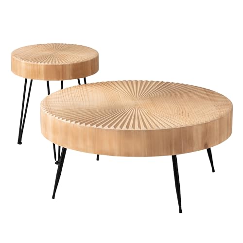 COZAYH 2-Piece Nesting Coffee Table - Round Table - Modern Farmhouse | Solid Pine Veneer Top, Black Metal Legs, Radial Wood Grain, Large 31.5 x 31.5 x 14.2 in, Small 15.7 x 15.7 x 18.4 in - color: Radial Pattern