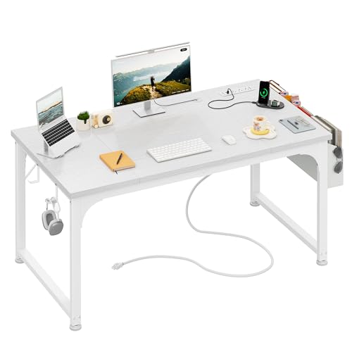 DurayLoly 47 x 24 inch Desk with RGB LED Lights & Power Outlets, Gaming Desk with Detachable Monitor Stand, 110LBS Load Capacity, Heavy Duty Small Computer Desk for Home Office, White - color: White, size: 47 Inch