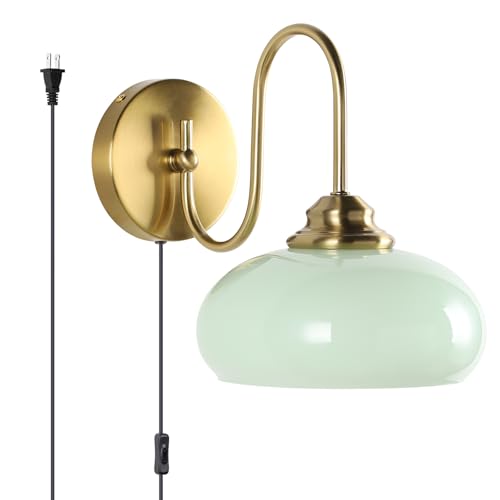 KCO Lighting Green Glass Wall Sconce Plug in Brushed Gold Wall Sconce Vintage Bedroom Wall Lights Plug in Wall Lighting for Living Room - color: Green