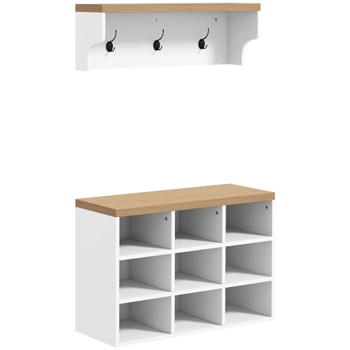 HOMCOM 2-in-1 Coat Rack Shoe Bench Set, 5-Hook Hall Tree with Bench, White | Shoe Storage for 9 Pairs of Shoes, Coat Rack with Bench, Entryway, Hallway