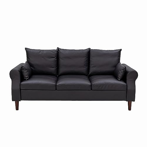 Panana 3 Seater Sofas Rolled Arms Design Couch Solid Wood Legs Settee for Living Room (Black Leathaire, 3 Seater) - color: Black Leather Look Fabric, size: 3 seater