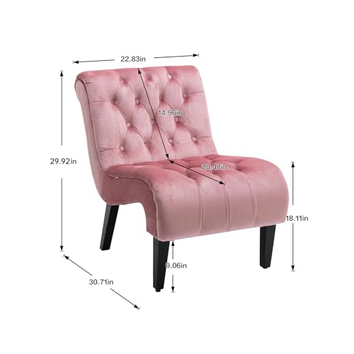 Comfy Velvet Accent Chair, Tufted Armless Side Chair with Rolled Edge | Modern Small Lounger for Living Room, Upholstered Reading Chaise Lounge with Solid Rubber Wood Legs, Pink - color: Pink, size: Set of 1