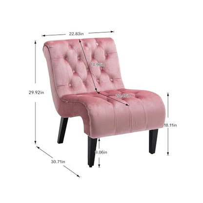 Comfy Velvet Accent Chair, Tufted Armless Side Chair with Rolled Edge | Modern Small Lounger for Living Room, Upholstered Reading Chaise Lounge with Solid Rubber Wood Legs, Pink - color: Pink, size: Set of 1