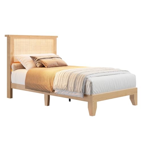GarveeHome Rattan Twin Bed Frame, Boho Twin Size Bed Frame with Natural Rattan Headboard, Led Lights, Wooden Support Legs and Slats, Noise-Free, No Box Spring Needed - size: Twin