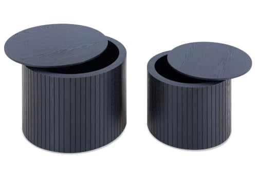 Round Nesting Coffee Table Set of 2, Wood Side Tables with Storage | Fluted Walnut Accent and End Tables Sets, Mid Century Modern, Living room, bedroom, office, small spaces, Black - color: Black With Storage