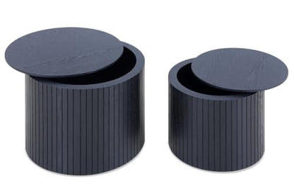 Round Nesting Coffee Table Set of 2, Wood Side Tables with Storage | Fluted Walnut Accent and End Tables Sets, Mid Century Modern, Living room, bedroom, office, small spaces, Black - color: Black With Storage