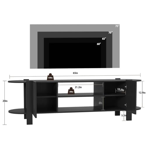 65 Inch TV Stand for Up to 75 inch TVs, Fluted Entertainment Center with Adjustable Shelve, Curved Round Corner TV Console Table with Storage for Living Room, Bed Room (Black) - color: Black