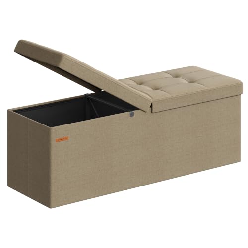 SONGMICS Mazie Collection - 43 Inches Storage Ottoman, Foldable Storage Bench with Flipping Lid, 660 lb Load Capacity, for Entryway, Living Room, Bedroom, Camel Brown ULSF076K01 - color: Camel Brown, size: 15"D x 43"W x 15"H, style: Modern