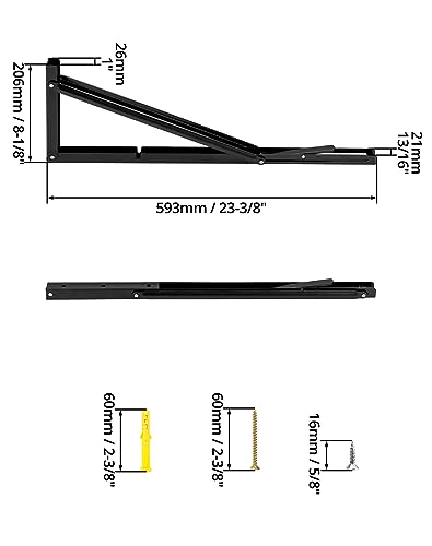 QWORK 24" Heavy Duty Folding Shelf Brackets for Wall Mounted Folding Tables Benches Shelves, Max Load 330lbs, 2 Pack Iron Bracket with Black Finish