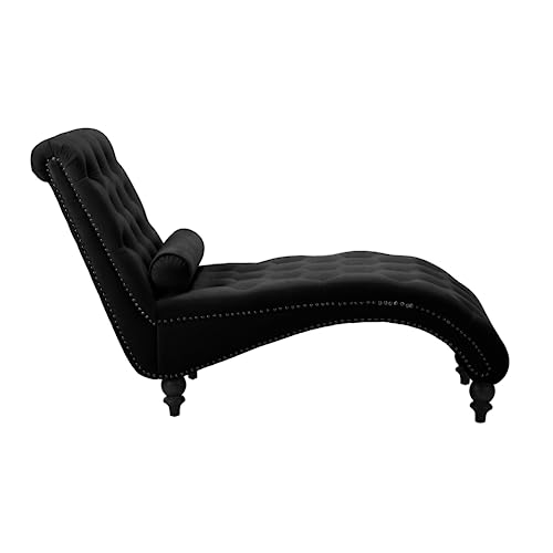 Button-Tufted Chaise Lounge Indoor, Velvet Chaise Lounge Chair with Legs & Toss Pillow, Armless Rolled Backrest Leisure Sofa Recliner for Living Room Bedroom (Black) - color: Black Velvet
