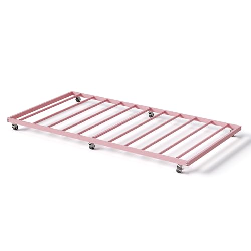 IDEALHOUSE Twin Size Metal Roll Out Trundle Bed Frame with Wheels and Slats Support, Pink | Pull-Out Trundle, Space-Saving, Metal Frame, Living Room, Bedroom, Apartment - color: Modern Pink, size: Twin Roll-Out Trundle