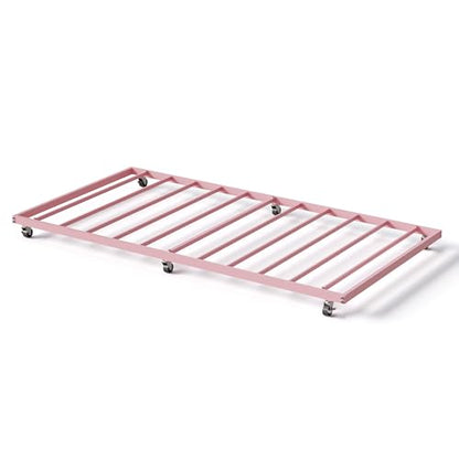 IDEALHOUSE Twin Size Metal Roll Out Trundle Bed Frame with Wheels and Slats Support, Pink | Pull-Out Trundle, Space-Saving, Metal Frame, Living Room, Bedroom, Apartment - color: Modern Pink, size: Twin Roll-Out Trundle