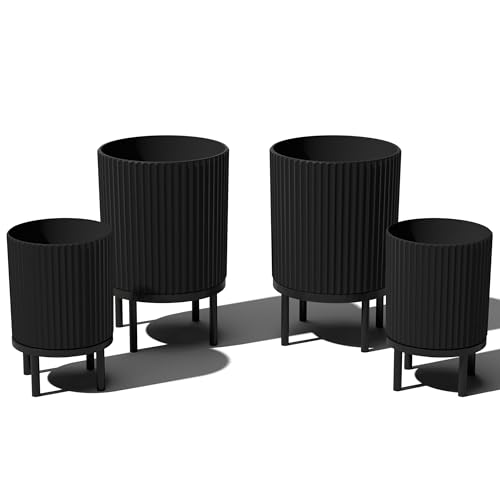Veradek Demi Series Raised Duo Planters - Set of 2 Planters with Stands | Made From a Durable Plastic-Stone Composite & Comes With Wooden Stand. Modern Porch/Patio Décor - color: Black/Black, size: Bundle - 2 Pack