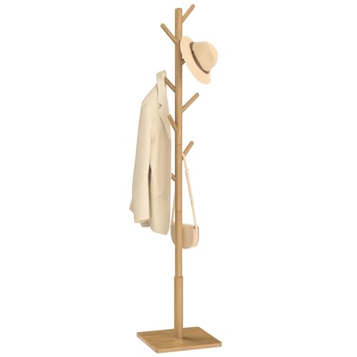 Yawinhe Wooden Coat Rack Freestanding,Hall Tree with 8 Hooks,Natural | 3 Adjustable Heights Coat Standing Tree; Sturdy Clothes Stand with Square Base; Coat Tree for Entryway, Hallway - color: Natural