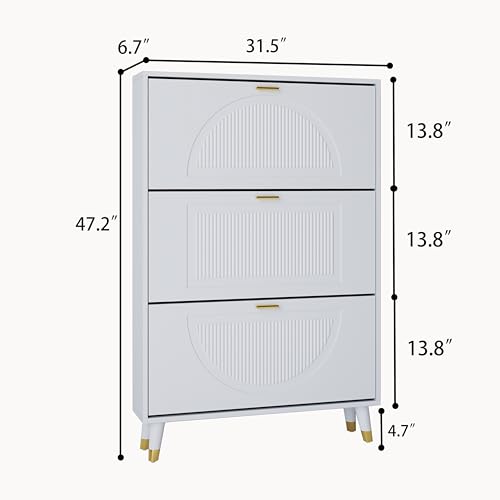 White Shoe Storage Cabinet: 32" Ultra Thin Small Shoe Cabinet | Modern Slim and Narrow Hidden Shoes Rack Organizer with Doors and 3 Flip Drawer for Entryway - size: 32"