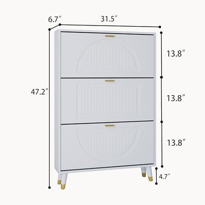 White Shoe Storage Cabinet: 32" Ultra Thin Small Shoe Cabinet | Modern Slim and Narrow Hidden Shoes Rack Organizer with Doors and 3 Flip Drawer for Entryway - size: 32"