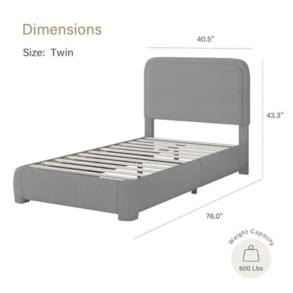BarnFurin Twin Bed Frame, Cloud Boucle Headboard, Low Profile, Light Grey | Soft boucle and rounded edges create a low-profile cloud look. Wooden slats support the mattress without a box spring - color: Light Grey, size: Twin