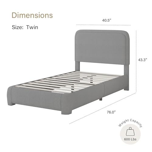 BarnFurin Twin Bed Frame, Cloud Boucle Headboard, Low Profile, Light Grey | Soft boucle and rounded edges create a low-profile cloud look. Wooden slats support the mattress without a box spring - color: Light Grey, size: Twin